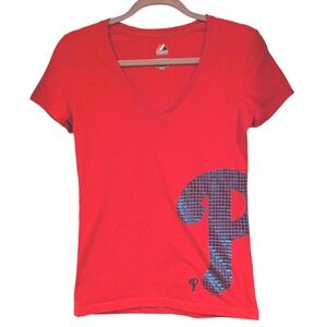 Majestic Philadelphia Phillies Red V Neck T Shirt Womens M Metalic P Logo